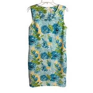 Kim Rogers 100% Linen Blue Floral Print Shift Dress Size 12
